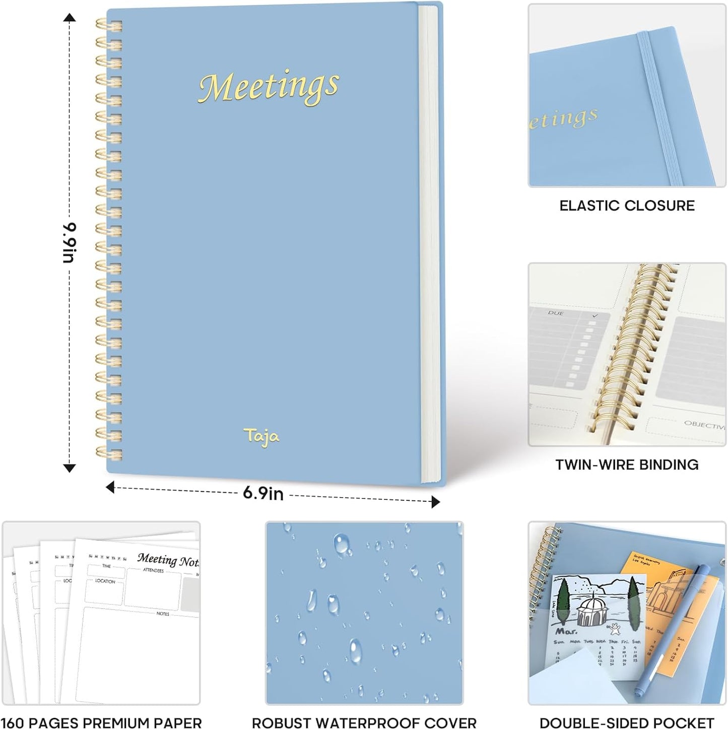 Taja Meeting Notebook for Work Organization - Work Planner Notebook with Action Items, Agenda Planner for Note Taking, 160 Pages (6.9" X 9.9") Project Organizer for Men & Women - Blue