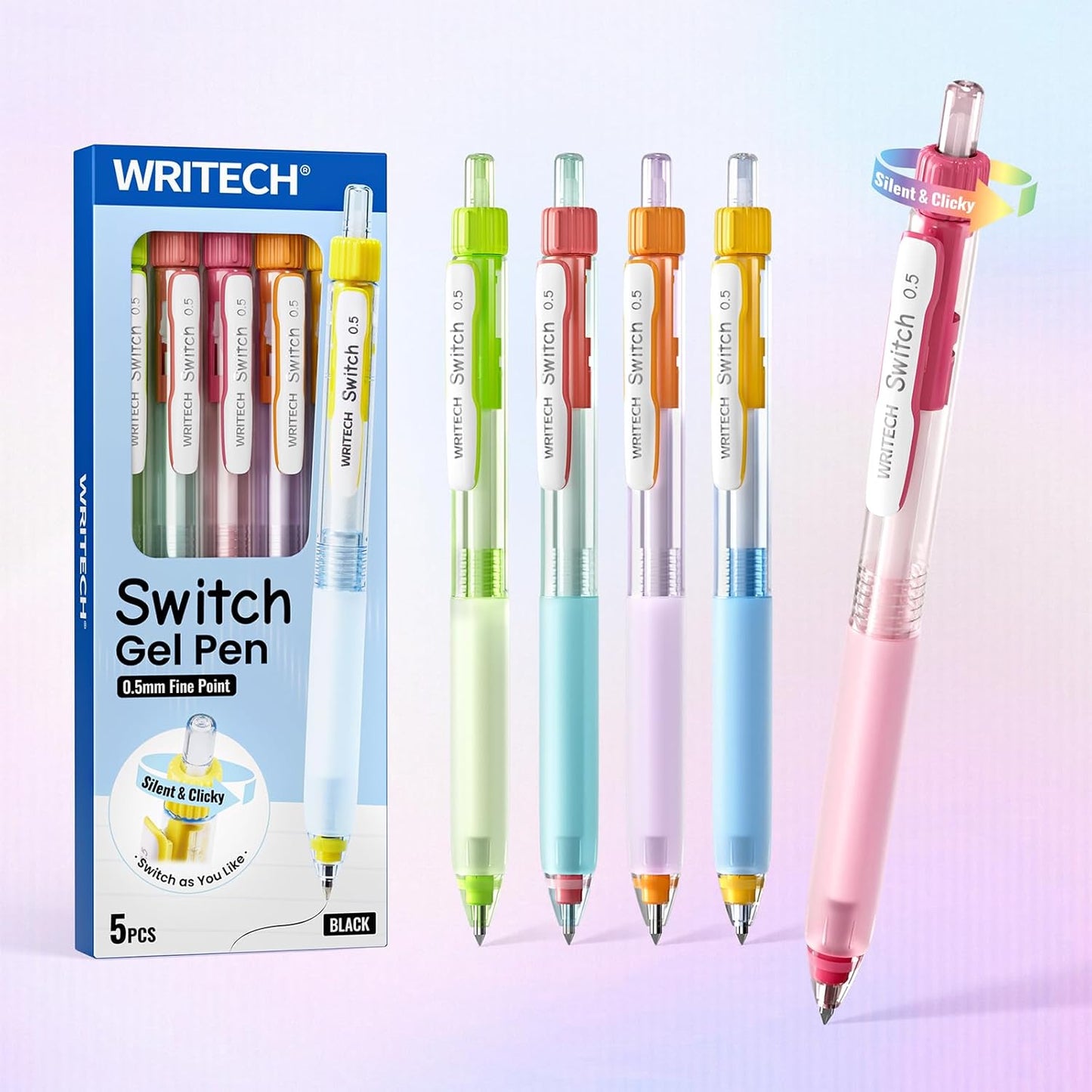 WRITECH Retractable Gel Ink Pens: 0.5mm Black-Ink Switch Between Silent and Clicky Soft Grip Fine Point Pen for Journaling Smooth Writing Quick-dry No Bleed 10ct