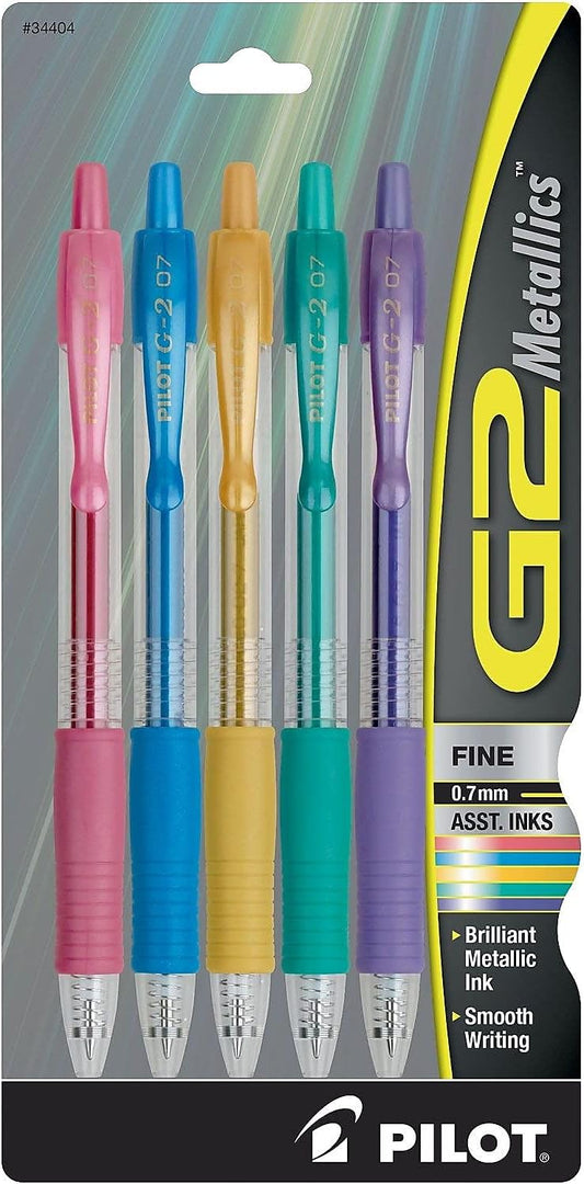 PILOT G2 Metallics Refillable and Retractable Rolling Ball Gel Pens, Fine Point, Assorted Color Inks, 8-Pack Pouch (34405)