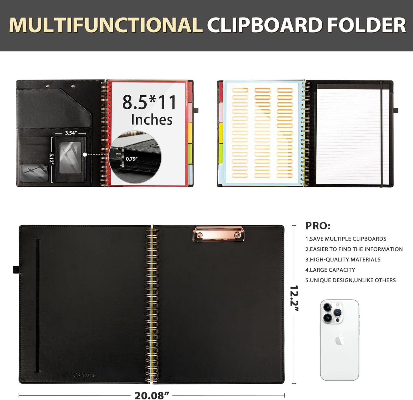 Ospelelf Clipboard with Storage for Women, Leather Padfolio Portfolio Organizer 5 Folders with 10 Pockets, Spiral Clipboard Folio with Notepad for Letter Size, Elastic Closure and Pen Loop Floral