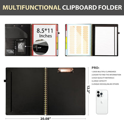 Ospelelf Clipboard with Storage for Women, Leather Padfolio Portfolio Organizer 5 Folders with 10 Pockets, Spiral Clipboard Folio with Notepad for Letter Size, Elastic Closure and Pen Loop Floral