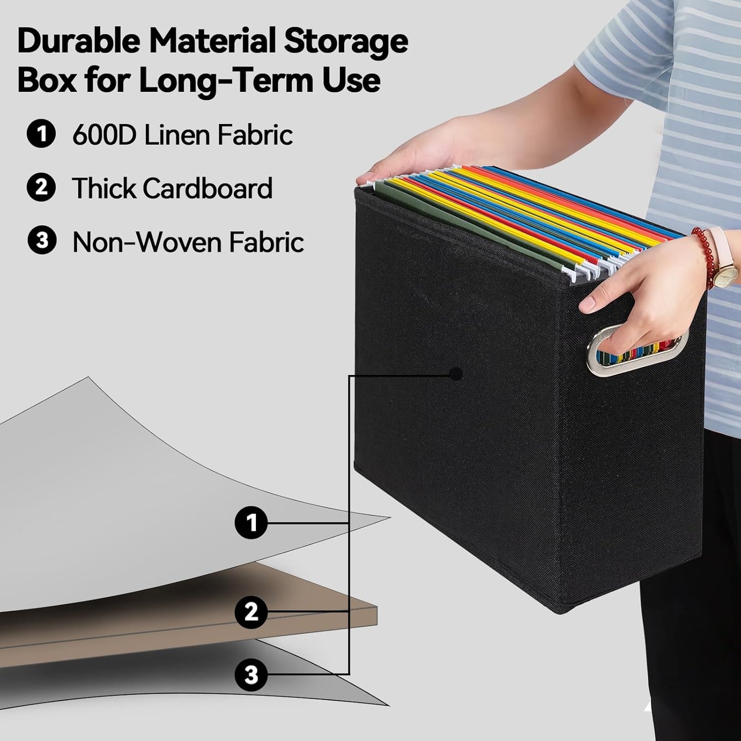 4 Pack Letter Size File Storage Box Collapsible, Fabric Hanging File Folders Organizer, Portable Office Document Holder with Metal Handle, Smooth PVC Rails, Beige