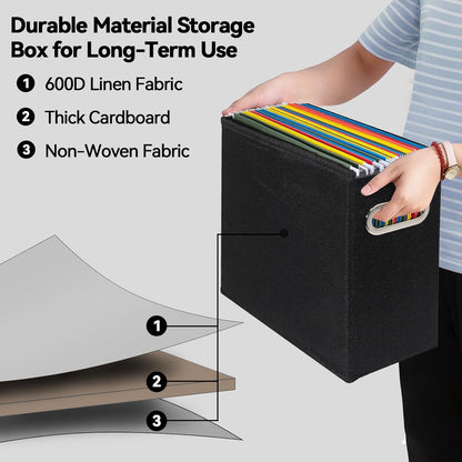 4 Pack Letter Size File Storage Box Collapsible, Fabric Hanging File Folders Organizer, Portable Office Document Holder with Metal Handle, Smooth PVC Rails, Beige