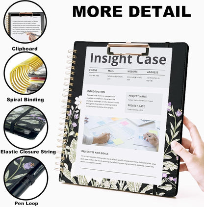 Grey Foldable Spiral Clipboard Folio with Storage Zipper Pouch, 5 Plastic Folders with Pockets,Refillable Lined Notepad (8.5" x 11"), Hardcover Project Organizer with 39 Stickers