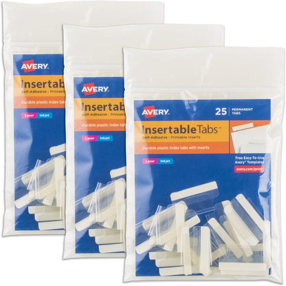 Avery Insertable Self-Adhesive Tabs with Printable Inserts, 1", Permanent Adhesive, Clear, Pack of 25 Index Tabs (16221)