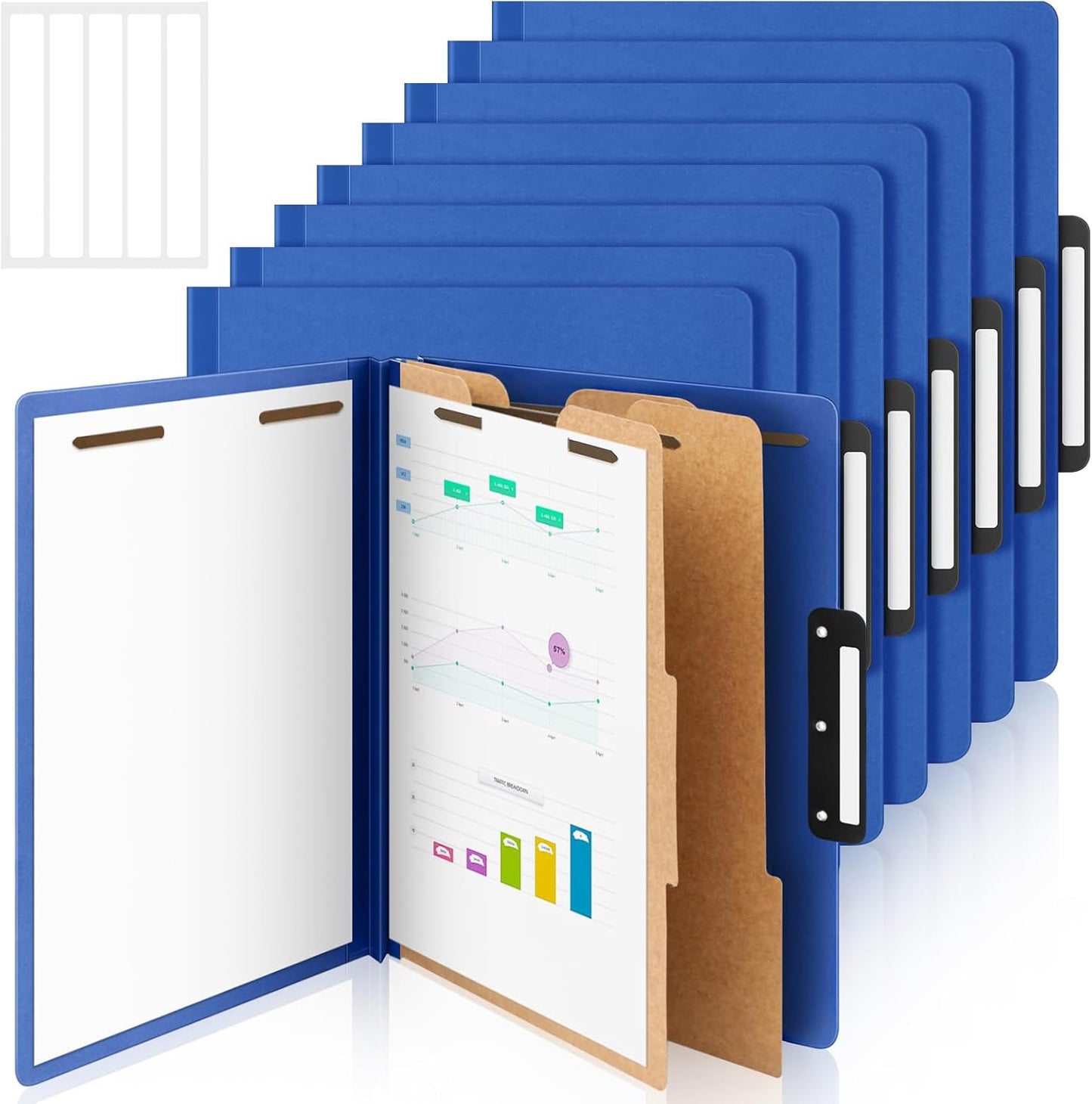 Henoyso 12 Pcs Letter Size Classification Folders 2 Divider, 1/3-cut Metal Tab, File Folder with 3'' Expansion, 2 Prong Fastener, 60 Labels, Heavy Duty File Folder for Office School Medical
