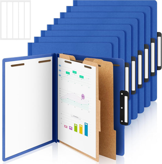 Henoyso 12 Pcs Letter Size Classification Folders 2 Divider, 1/3-cut Metal Tab, File Folder with 3'' Expansion, 2 Prong Fastener, 60 Labels, Heavy Duty File Folder for Office School Medical
