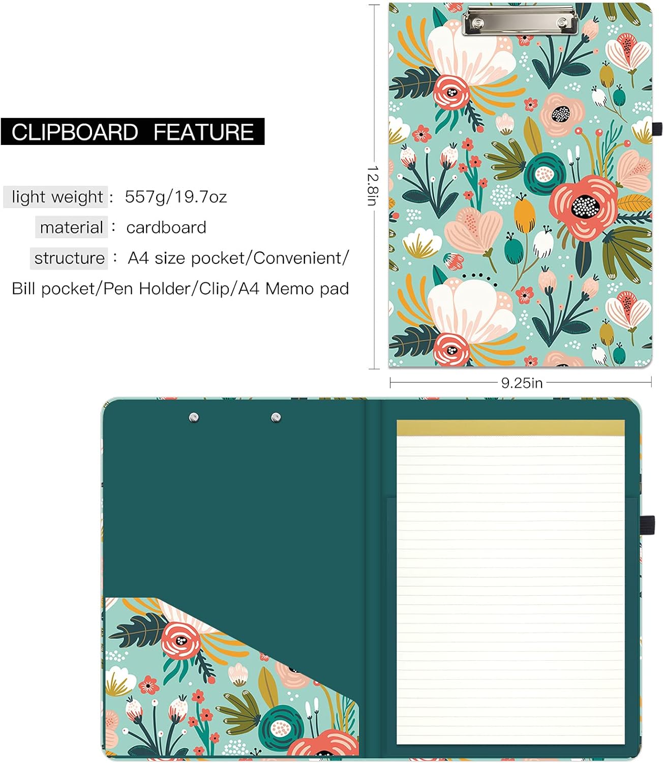 Hongri Clipboard Folio with Refillable Lined Notepad and Interior Storage Pocket for Students, Classroom, Office, Women, Man, Cute Custom Pattern, Size 12.8 x 9.2 in, Classic Flower