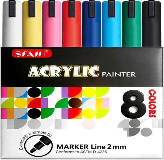 SFAIH Acrylic White Paint Pens - 8 Pack 2-3MM Medium Tip & 0.7MM Extra Fine Paint Marker for Rock Painting, Wood, Metal, Fabric, Plastic, Canvas, Glass, Ceramic, Diy Crafts, White Out Pen