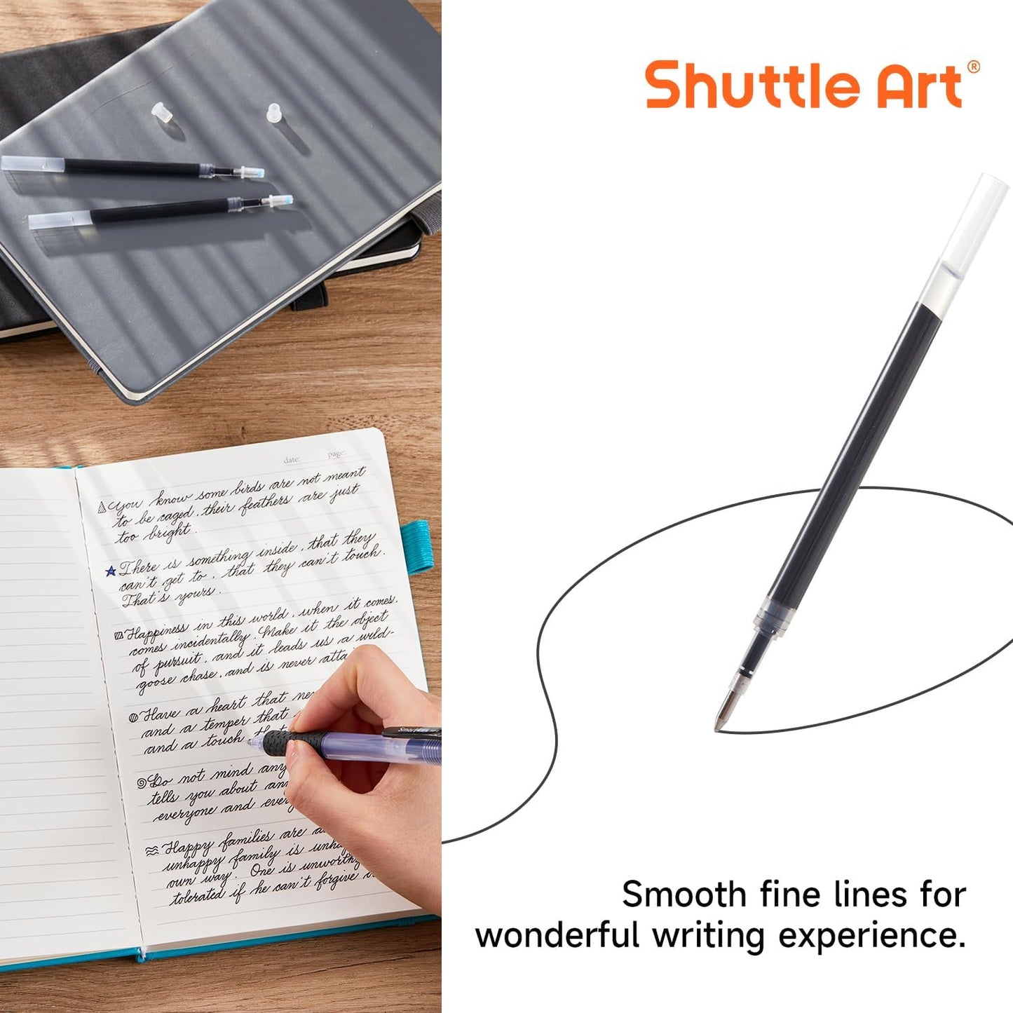 Retractable Gel Pen Refills, Shuttle Art 30 Pack Black Rollerball Gel Ink Pens Refills, Bulk Set, 0.7mm Fine Point for Writing Journaling Taking Notes School Office Home