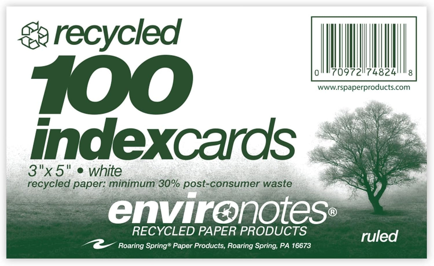 Roaring Spring Recycled Index Cards 3"x5", 100 Count, Smooth 100# White Recycled Index Paper, Ruled on Front, Blank on Back (Pack of 1)