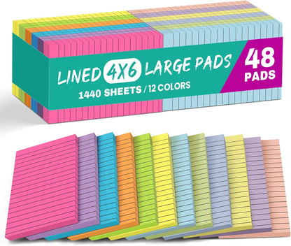 Lined Sticky Notes, 24 Pads, 4x6 Inches, Large Sticky Notes with Lines, Memo Note Pads in Multi Colors, 30 Sheets/Pad, Super Sticking Power for Office ＆ Home & Planning - Bright