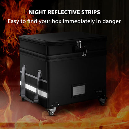 DocSafe Fireproof Document Box with Lock,2-Layer File Box with Wheels,Collapsible File Storage Organizer with Pockets,Large Portable Home Filing Cabinet for Hanging Folders,Black,16''x13.8''x12.2''
