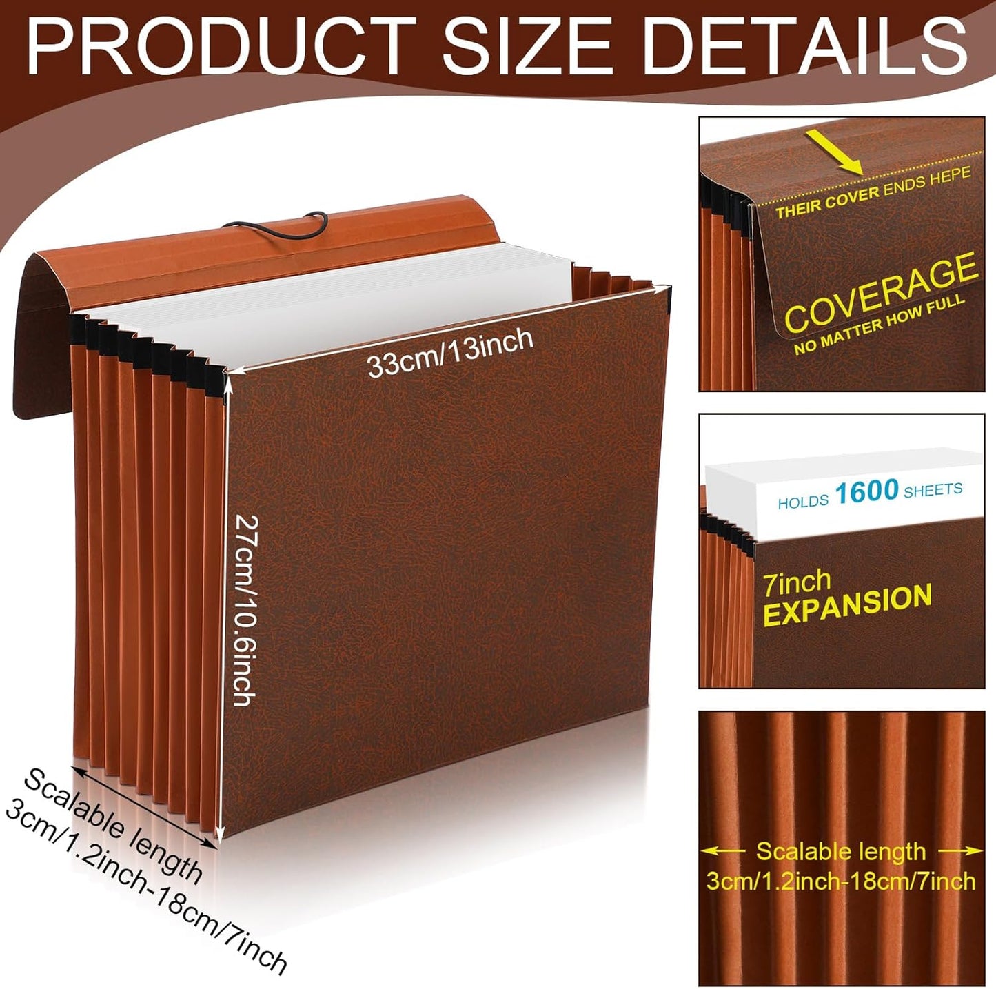PerKoop 5 Pcs Expanding File Folder with Flap 7 Inch Expansion Expanding File Wallet with Elastic Cord Closure Letter Size Heavy Duty Document Organizer, 10 Slots, Brown