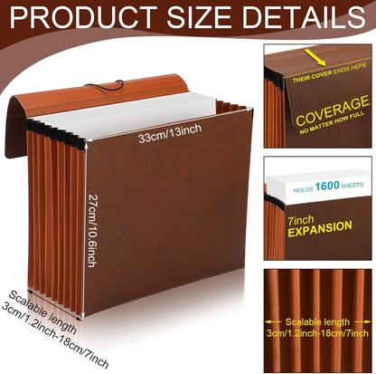 PerKoop 5 Pcs Expanding File Folder with Flap 7 Inch Expansion Expanding File Wallet with Elastic Cord Closure Letter Size Heavy Duty Document Organizer, 10 Slots, Brown