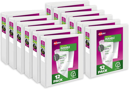 Avery Durable View 3 Ring Binders, 0.5" Slant Rings, 135-Sheet Capacity, 0.7 Inch Wide Spine, Great for Home, School Supplies, Office, or Organization Needs, White Binders (12-Pack of 17002)