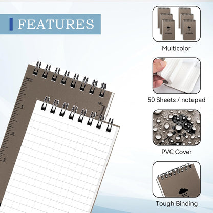 COIDEA 6 Pack Waterproof Notebook, 3 x 5 Pocket Notepad, Top-Spiral Weatherproof NotePad, All Weather Police Pocket Notebook Little Memo Steno Note Pads for Outdoor Office School Recording