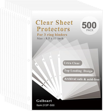 Sheet Protectors 8.5 x11 Inch, 100 Pack Page Protectors for 3 Ring Binder, Top Loading Plastic Sleeves with Reinforced 3-Hole Punch for Binders, Letter Size, for Documents and Photos, Office Supplies.