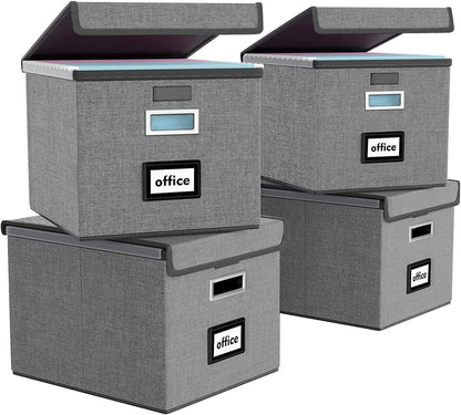 Huolewa Upgraded Portable File Organizer Box with Lid, Collapsible Linen Hanging Filing Storage Boxes with Plastic Slides, Decorative Home/Office Filing System Box for File and Folders Storage (Gray)