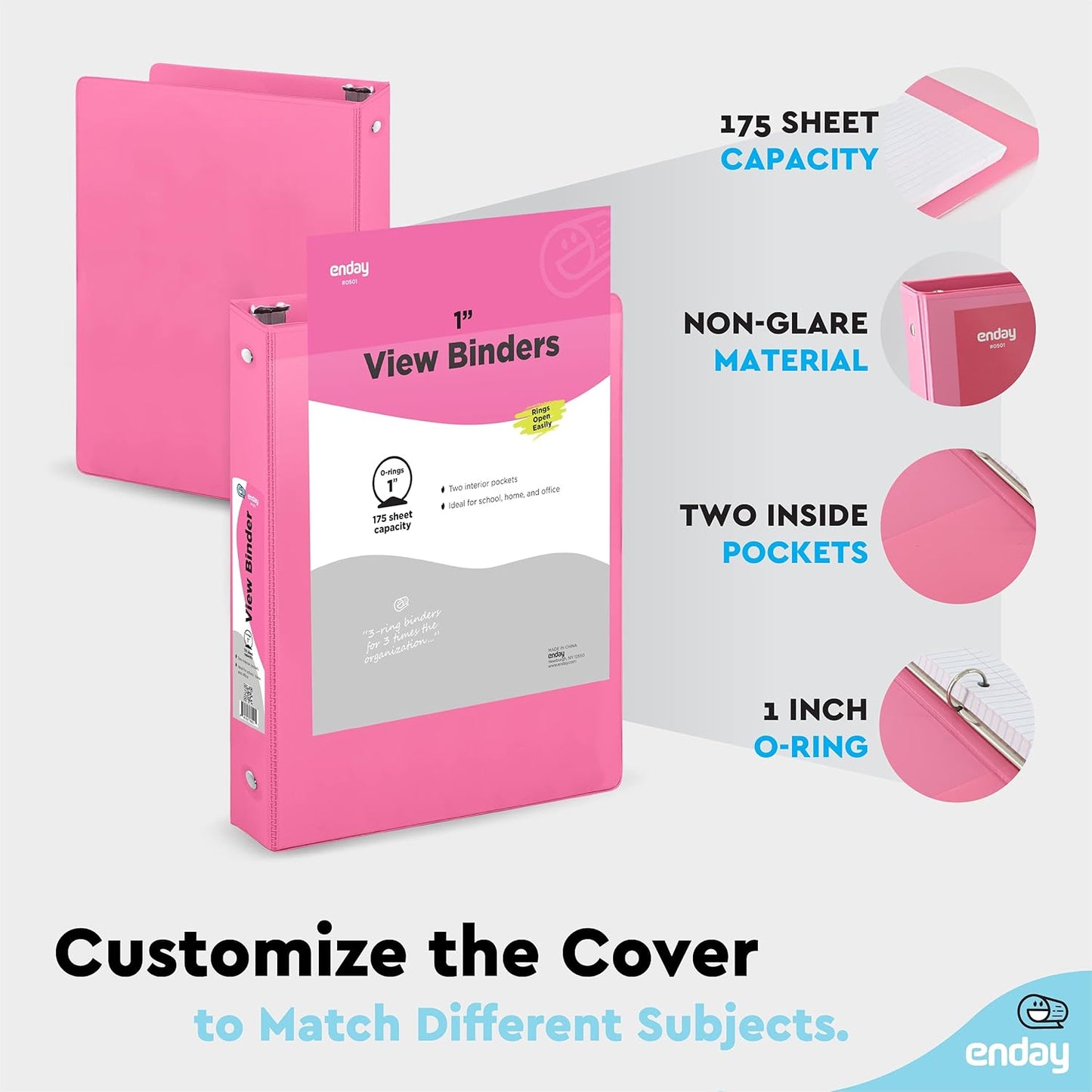 3 Inch Binder 3 Ring Binders Green, Slant D-Ring 3” Clear View Cover with 2 Inside Pockets, Heavy Duty Colored School Supplies Office and Home Binders – By Enday