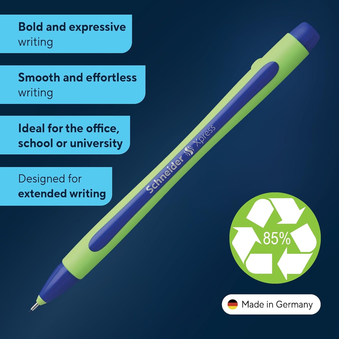 Schneider Xpress Premium Fineliner, 0.8 mm Porous Point, Light Green Barrel, Blue Ink, Box of 10 Pens (190003)