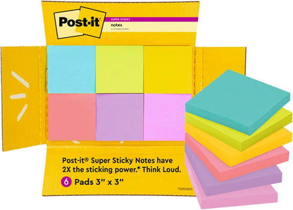 Post-it Super Sticky Notes, 6 Sticky Note Pads, 3 x 3 in, School Supplies, Office Products, Notes for Vertical Surfaces, Monitors, Walls and Windows, Assorted Brights