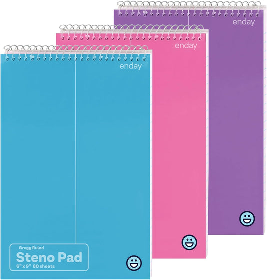 Enday Steno Pads Spiral 6 Pack, 6 x 9, 80 Sheets White Paper, Gregg Rule, Steno Notebook for writing, Assorted Colors, Pink, Purple, Green, Blue, Red, Grey
