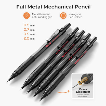 Nicpro Black Art Mechanical Pencil Set, 5PCS Metal Drafting Pencils 0.3, 0.5, 0.7, 0.9 mm & 2mm Graphite Lead Holder For Sketching Drawing With 9 Tubes (4B 2B HB 2H Colors) Lead Refills Erasers Case