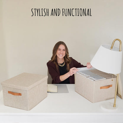 ZICOTO Decorative File Organizer Box Set of 2 - Collapsible Linen Filing Cabinets with Handles Are Perfect to Store All Your Documents & Hanging File Folders - Portable Easy Slide Crates with Lid