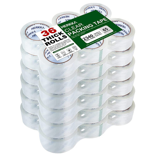 HERKKA Clear Packing Tape, 36 Rolls Heavy Duty Packaging Tape for Shipping Packaging Moving Sealing, Thicker Clear Packing Tape, 2 inches Wide, 65 Yards Per Roll, 2340 Total Yards
