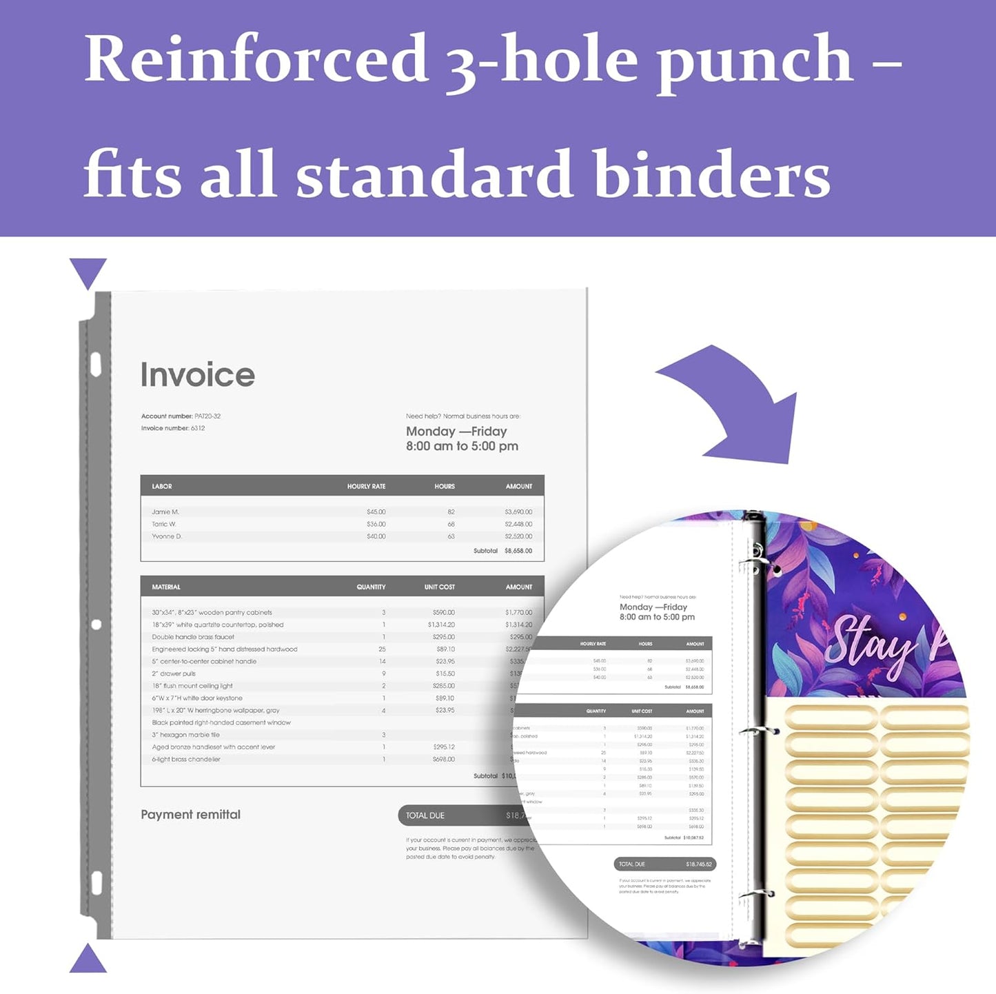 3 Ring Binder with Clipboard, 2 Pockets Purple 3 Ring Binder (11" x 8.6") Folders with Tab Dividers for Women School Office Supplies Portfolio