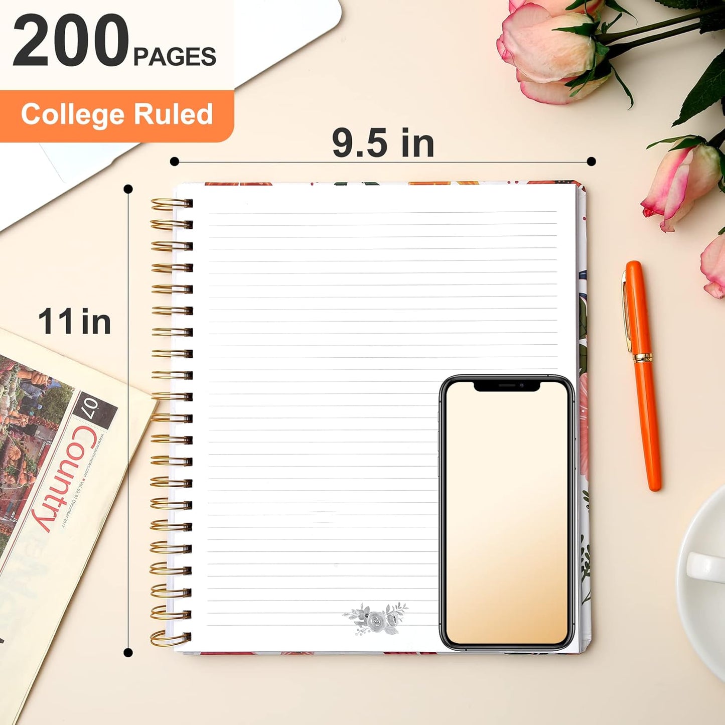 CAGIE Spiral Notebook Journal 8.5 x 11 Hardcover Notebooks College Ruled with Large Pockets Aesthetic Floral Note Book Spiral Bound Notebooks for Work Note Taking Women Writing School, 200 Pages