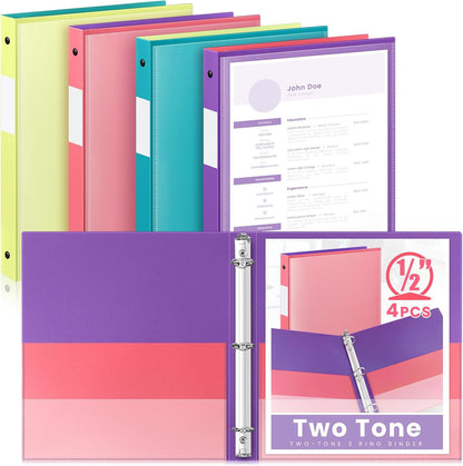 Henoyso 4 Pack Plastic Two-Tone View 3 Ring Binder, 1 Inch Round Ring Binder with Four Inner Pockets, Heavy Duty View Binders for School and Office, Pink, Teal, Purple and Lime (Clear Font Pocket)