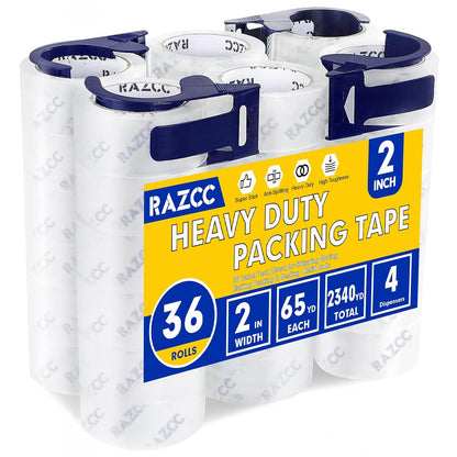 RAZCC Packing Tape, 36 Rolls Clear Heavy Duty Packaging Tape with Dispensers for Packing Shipping Moving Mailing, Thicker Sealing Tape - 1.88" x 65 Yard Per Roll, 2340 Total Yards