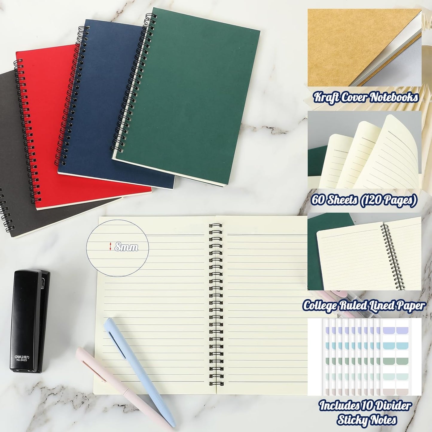 Retainbre 12 Pack Small Spiral Notebook College Ruled 8.26x5.50 Inches Spiral Journal with 120 Lined Pages Kraft Cover A5 Notebooks for Work Office School Students Note Taking