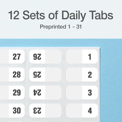 Redi-Tag Daily Adhesive Tabs, Preprinted Daily Tab, 12 Sets of 1-31 plus withBonus Blank Tabs, 7/17" x 1", Durable and Customizable Labels with Permanent Adhesive for Planners & Files, White (1006548)
