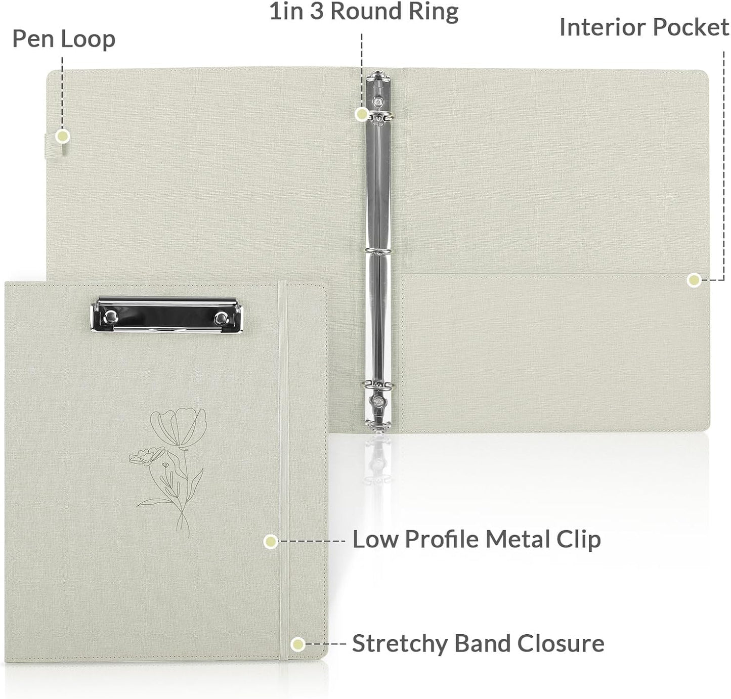 SKYDUE Clipboard Binder with Dividers,1 Inch Linen 3 Ring Binder with Clipboard on Front for Organizer, Clipboard Folder with Pocket, Labels Office Supplies OliveGreen