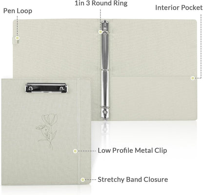 SKYDUE Clipboard Binder with Dividers,1 Inch Linen 3 Ring Binder with Clipboard on Front for Organizer, Clipboard Folder with Pocket, Labels Office Supplies OliveGreen