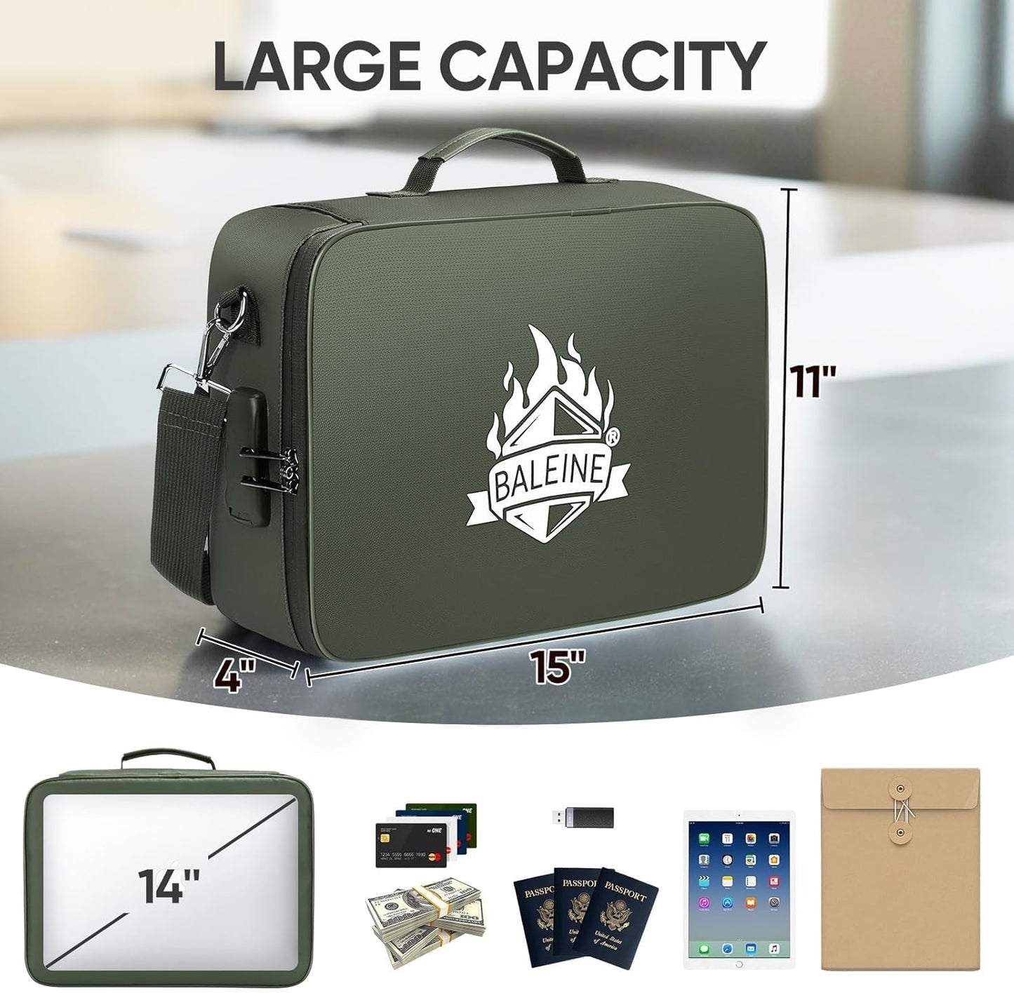 BALEINE Fireproof Document Box with Lock, Portable Fireproof Document Bag Waterproof Fire Proof File Boxes for Documents, File Organizer Box for Important Paperwork (Pink, 15''x11''x4'')