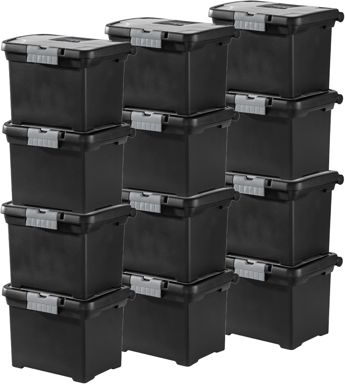 Sterilite 4-Pack Portable File Box, Stackable Container for Letter Hanging Folders, Black - Paper Document Plastic Storage Organizer with Latching Lid for Home, Office, and Dorm Organization