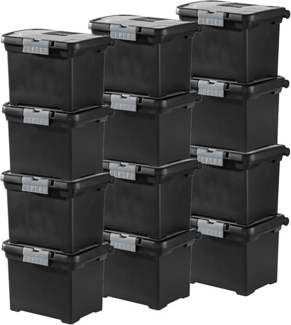 Sterilite 4-Pack Portable File Box, Stackable Container for Letter Hanging Folders, Black - Paper Document Plastic Storage Organizer with Latching Lid for Home, Office, and Dorm Organization