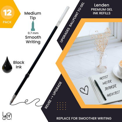 Pack of 12 Gel Ink Refill for Retractable Pens, Medium Tip Point 0.7mm, Black Ink, Fits Retractable Pen, Universal Size Refill, 115mm/11.5cm/4.5 inches (Black, 115mm)