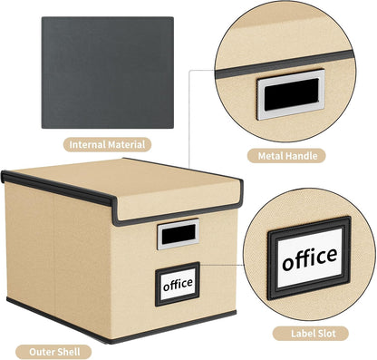 Huolewa Upgraded Portable File Organizer Box with Lid, Collapsible Linen Hanging Filing Storage Boxes with Plastic Slides, Decorative Home/Office Filing System Box for File and Folders Storage (Gray)