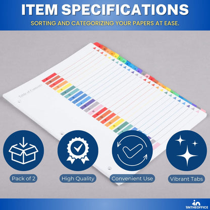 1InTheOffice Alphabetical Dividers for 3 Ring Binders, A-Z Tab Binder Dividers, Customizable Table of Contents, Multicolor Tabs, 2 Sets