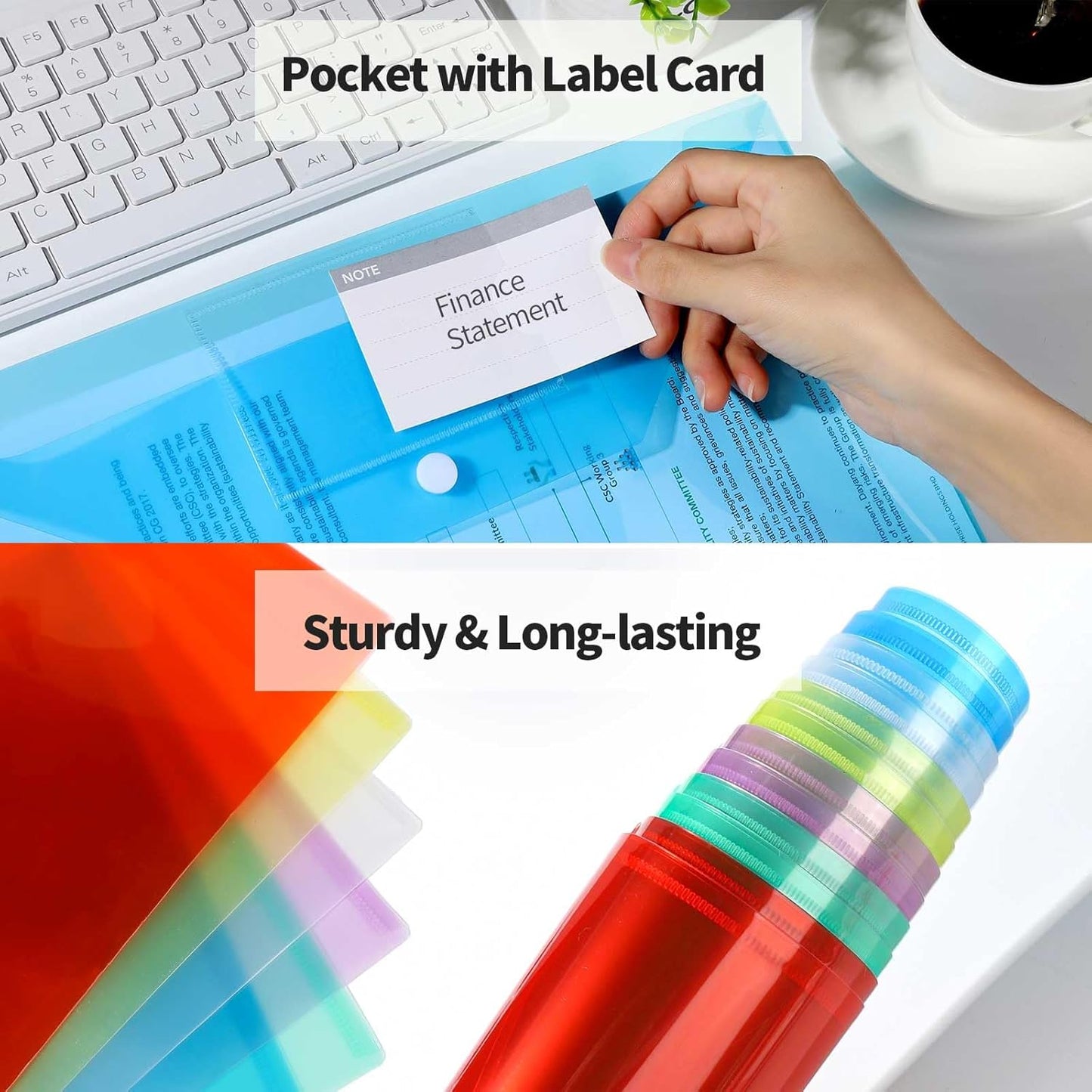 LEOBRO Plastic File Folders with Pocket, 24PCS Plastic Envelopes with Snap Closure, Folders for Documents, Reusable File Bags, A4 Size