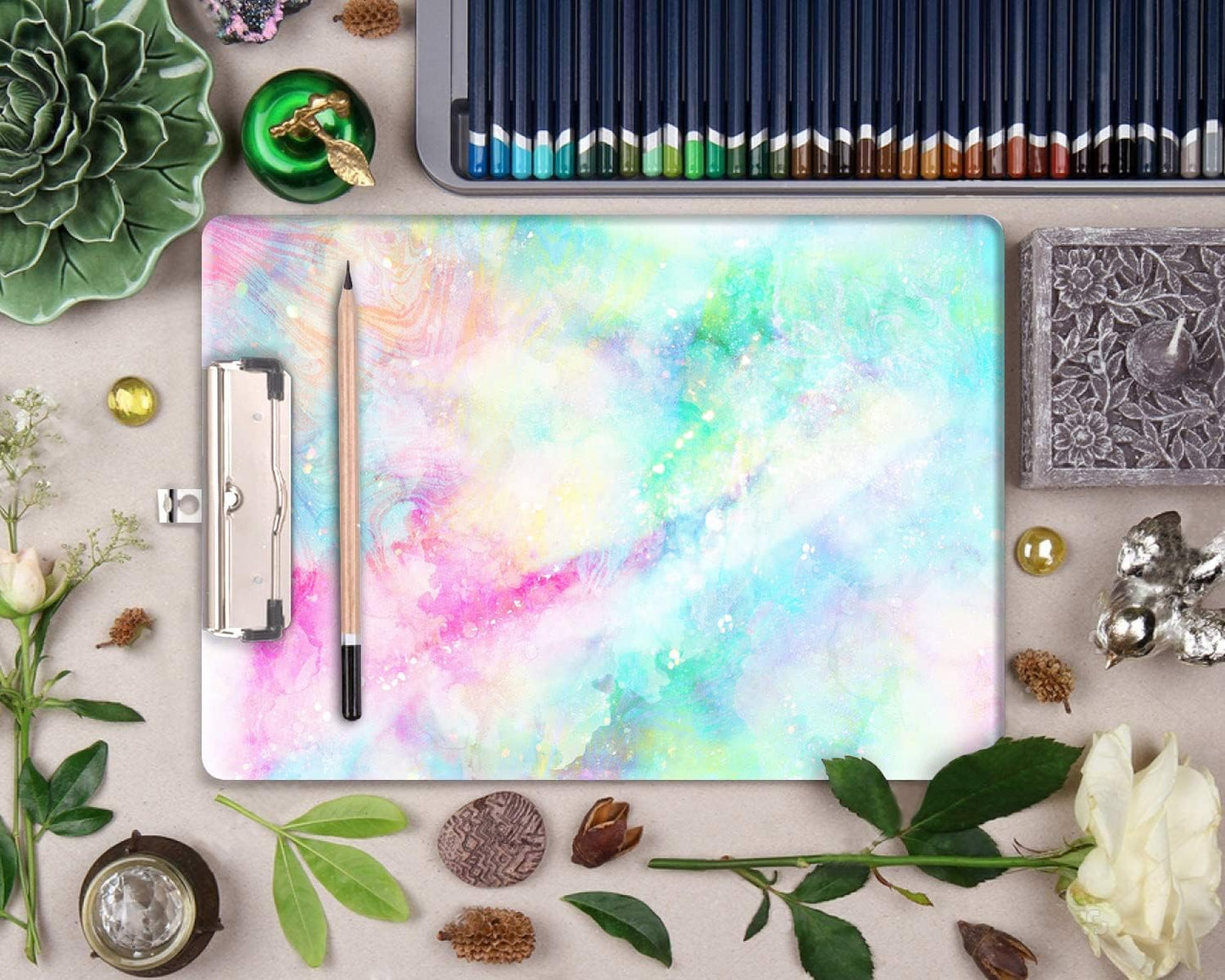 Britimes Clipboard Decorative Office School Hardboard Wood Nursing Clip Board and Pull for Standard A4 Letter Size Summer Mint Green Plant Tree 12.6" X 8.9"
