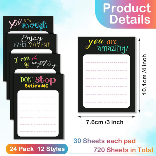 Yinder 24 Pack Inspirational Sticky Notes Motivational Notepads Appreciation Sticky Notes Funny Memo Pads Positive Note Bulk 3 x 4 Gift for Women Nurse Teacher Office Supplies(Black,Inspirational)