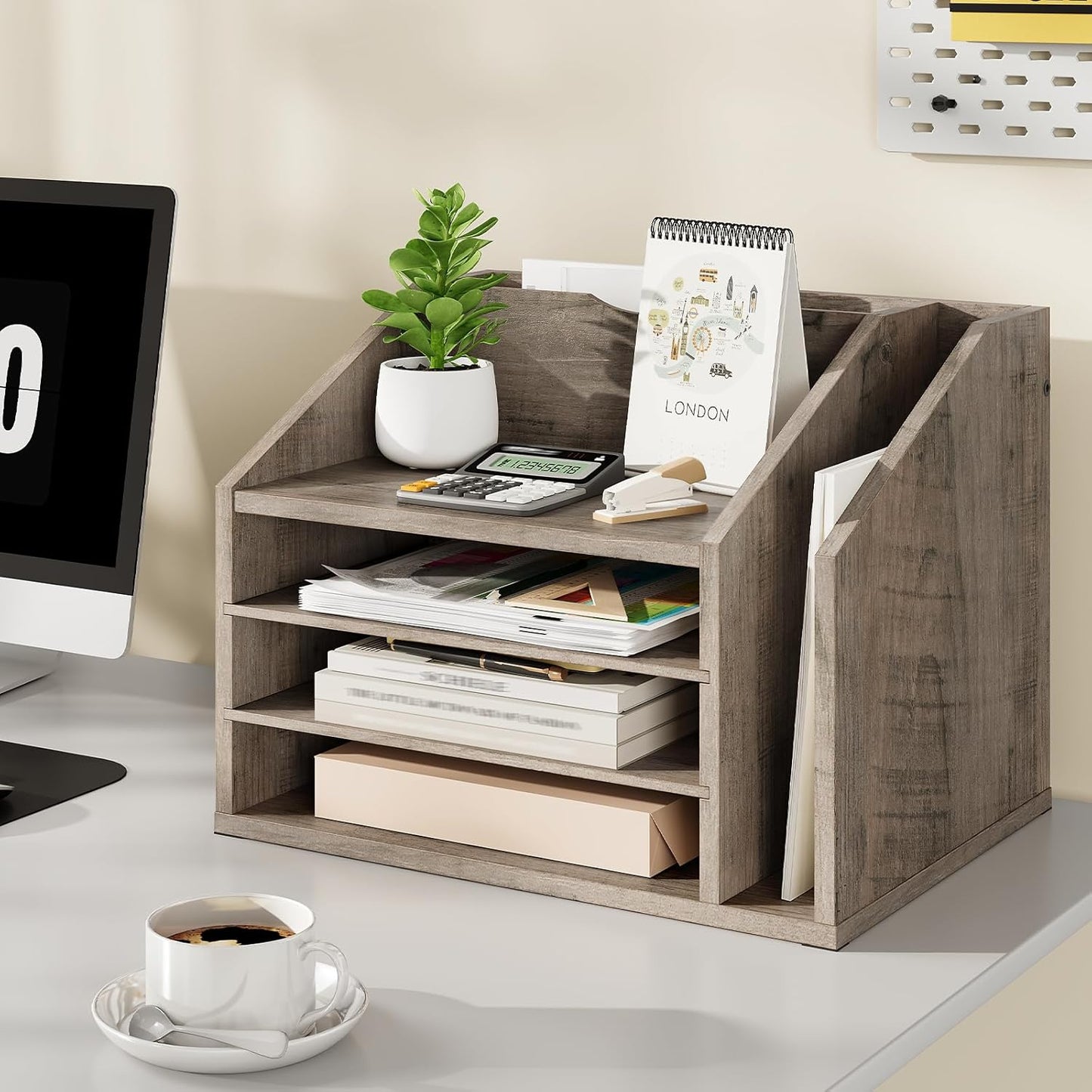 CHOEZON Wooden Desk Organizer with Adjustable Partitions, Multi-Layer Desktop File Holder for Home Office, Paper & Stationery Storage Organizer, Rustic Brown MWJ04FG