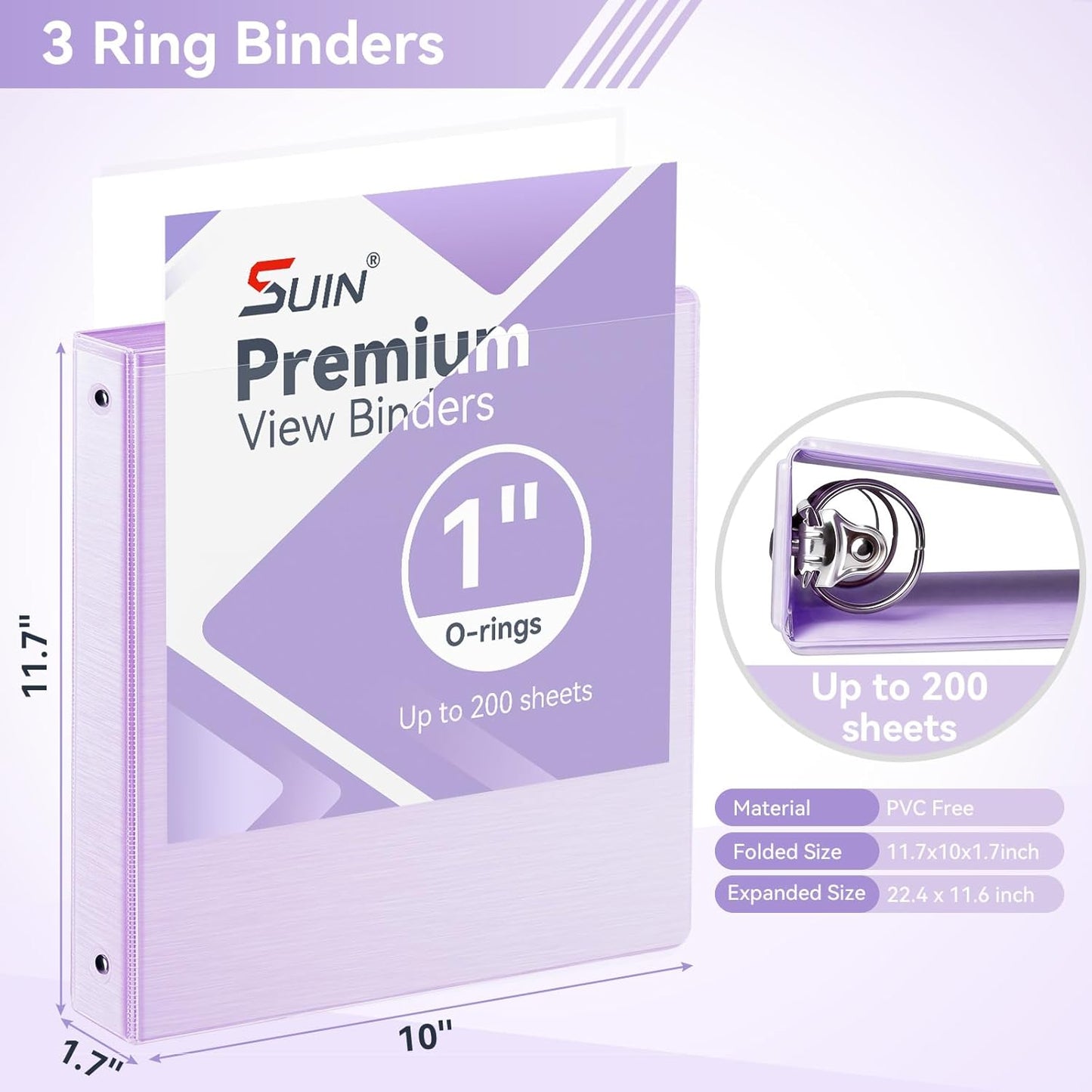 SUIN 1 Inch 3 Ring Binder, Clear 1'' View Presentation Binders with 2 Pockets, Fits 8.5 x 11 Letter Size, Durable Polypropylene, Non-Stick & PVC-Free for School, Office & Home (Orange)