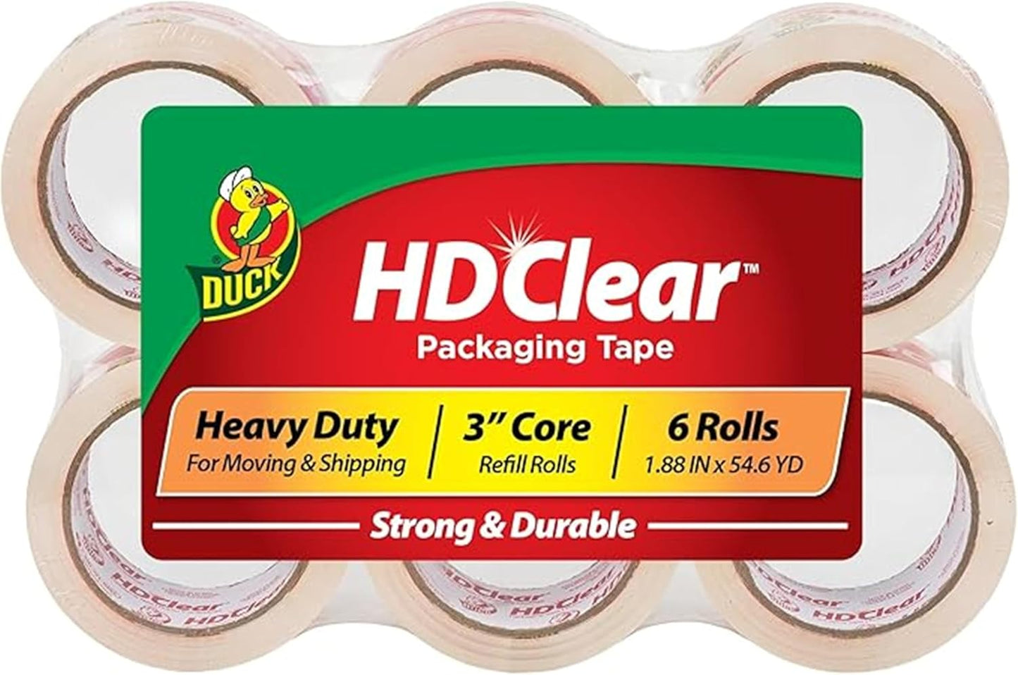 Duck HD Clear Packing Tape Dispenser Heavy Duty Packaging Tape Gun for Packing Boxes, Shipping and Moving - Includes 1 Refill Roll of HD Clear 1.88 In. x 50 Yards - Foam Handle (287398)